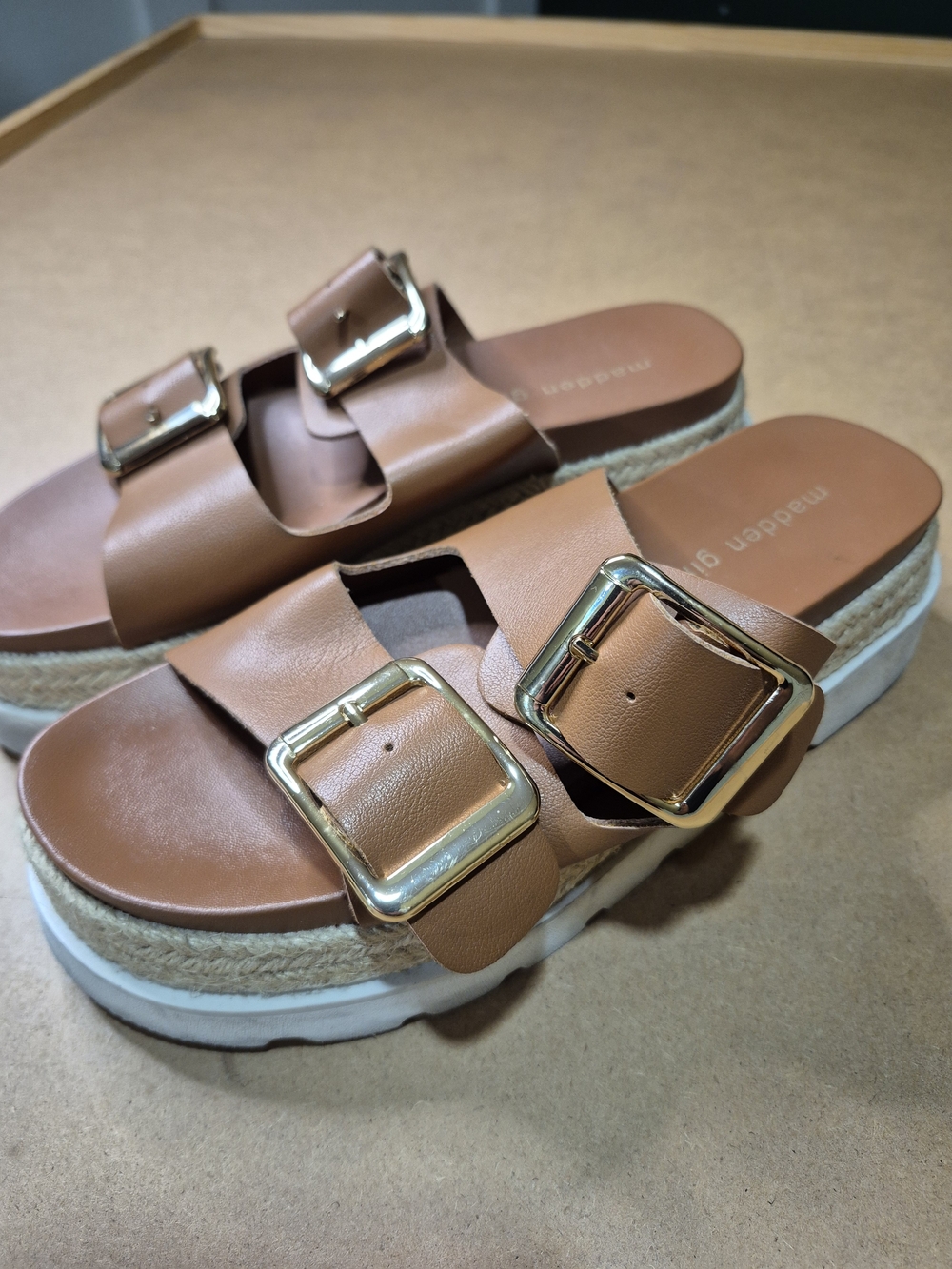 Madden Girl Tan Platform Buckle Slide Sandals